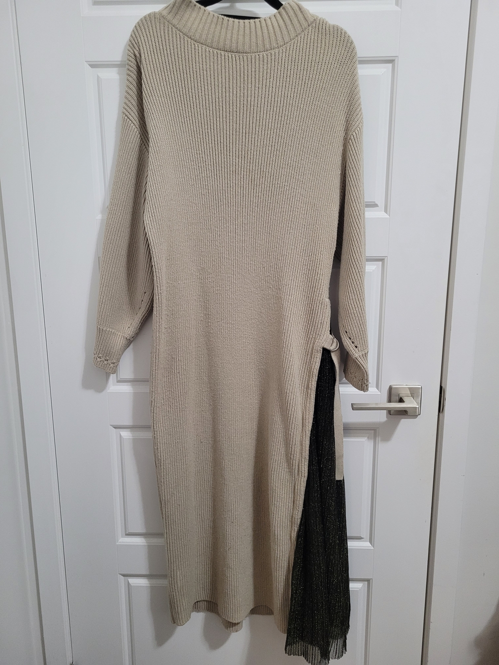 Beige Ribbed Long Sleeve Midi Dress with Black Side Panel
